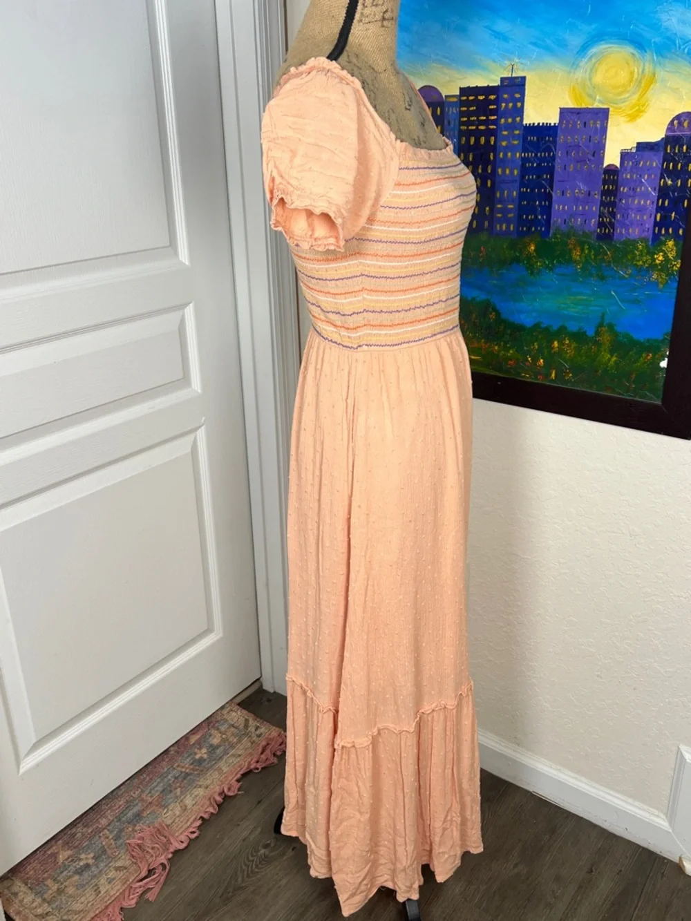 Peach Smocked Maxi Dress with Puff Sleeves - Picture 2 of 6